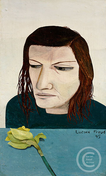 Lucian Freud "Woman with a Daffodil"&nbsp; 1945&nbsp; Oil on Canvas&nbsp; 23.8cm x 14.3cm 